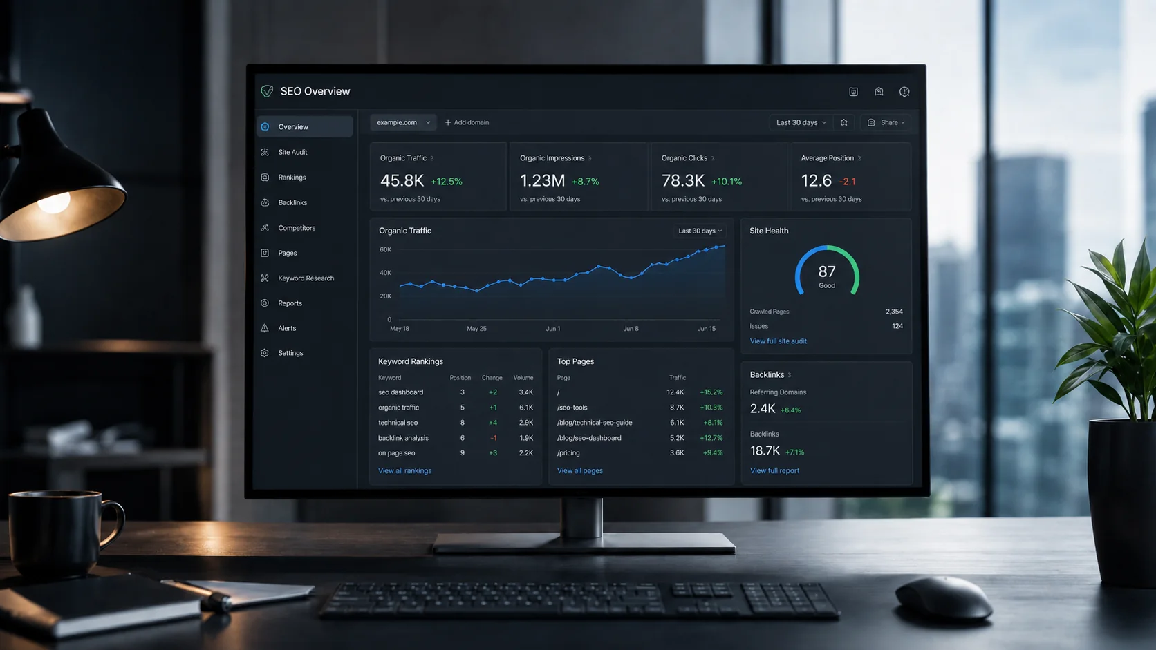 SEO Dashboard mit organischem Traffic, Rankings und Site Health