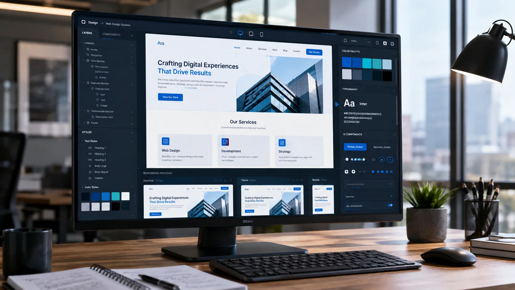 Webdesign-Arbeitsplatz mit responsivem Website-Layout und Design-System